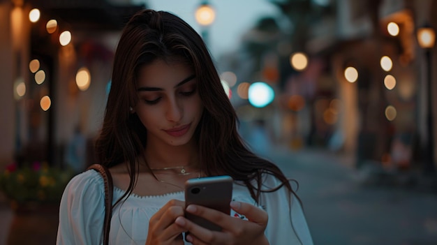 a woman looking at her phone while wearing a white dress