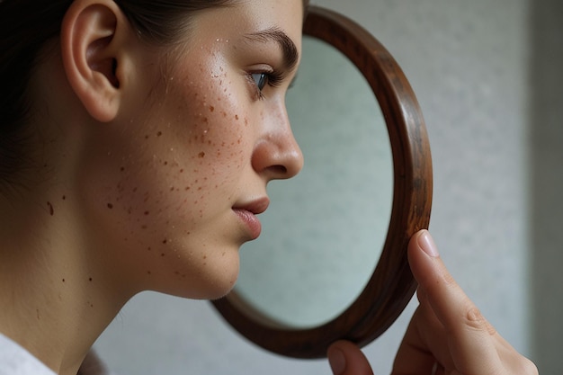 Photo a woman looking at her reflection in a mirror with freckles on her face