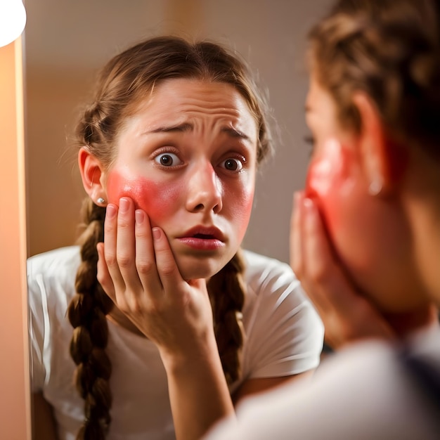 Photo woman looking at her rosacea in the mirror