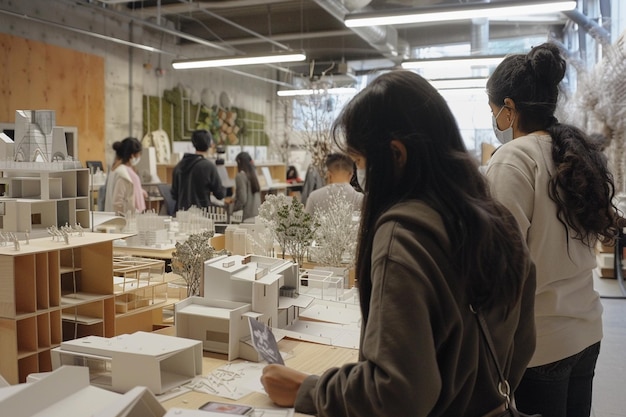 a woman looking at items in a store with other people looking at them