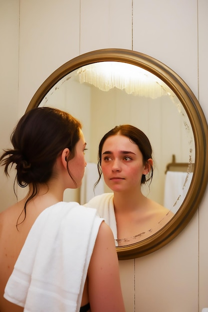 Photo a woman looking in a mirror with a reflection of a woman in the mirror