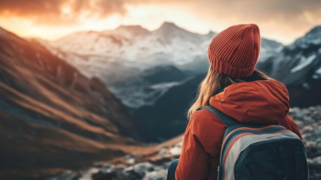 Photo a woman looking at the mountains with the sun setting behind her back