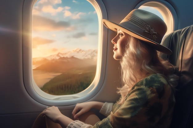 A woman looking out of an airplane window with a mountain in the background.