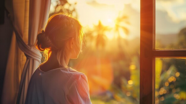 Photo woman looking out house window at sunset