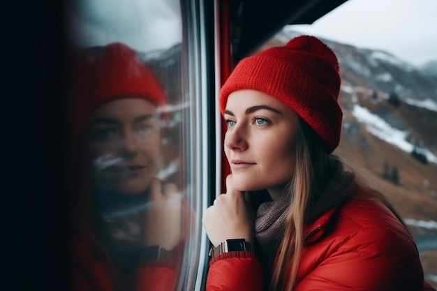 A woman looking out a train window with snow on the mountains in the background