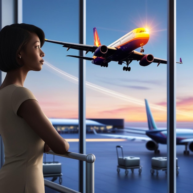 a woman looking out a window at an airplane and a woman looking at the plane