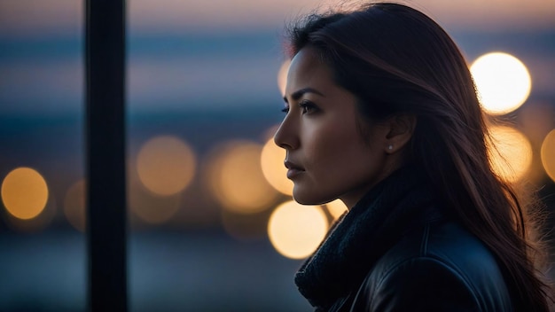 a woman looking out of a window at the city skyline