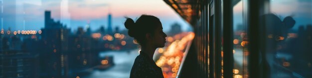 Woman Looking Out a Window at a City