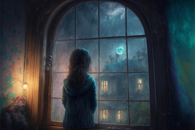 Woman looking out a window at the moon generative ai