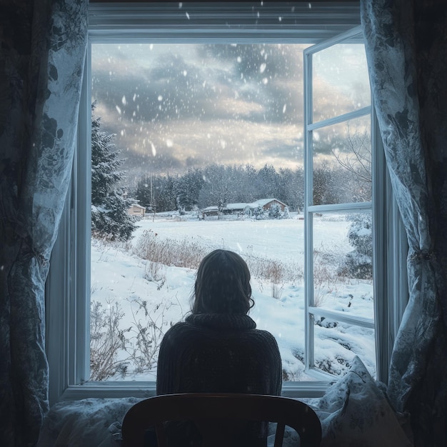 Woman looking out a window at a snowy winter scene