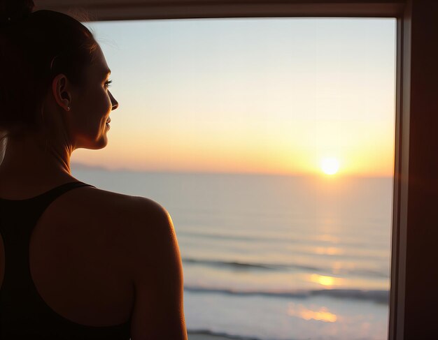 Photo a woman looking out a window at the sunset