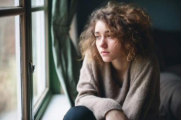 Photo a woman looking out a window with a curtain in the background