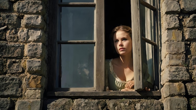 Photo a woman looking out of a window with a green shirt on