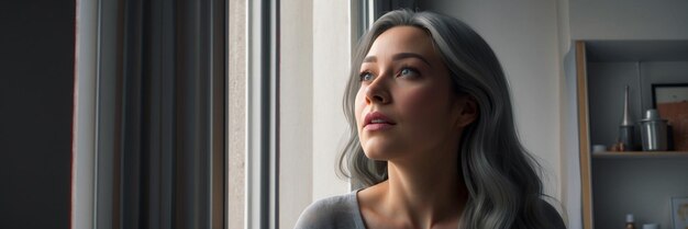 a woman looking out a window with a long hair