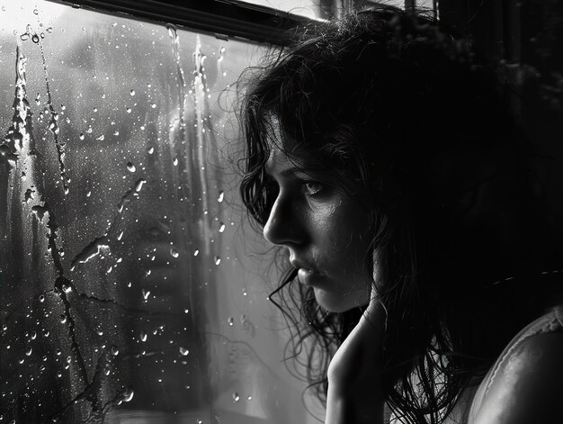 Photo a woman looking out a window with raindrops on her face