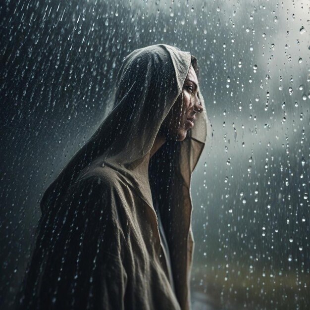 a woman looking out of a window with raindrops on her face