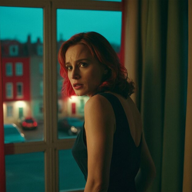 a woman looking out a window with a red building in the background