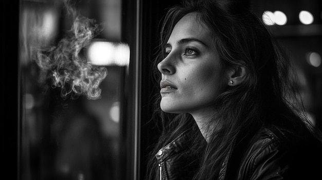 a woman looking out a window with a smoke coming out of her face