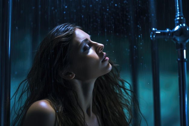 a woman looking out of a window with water drops