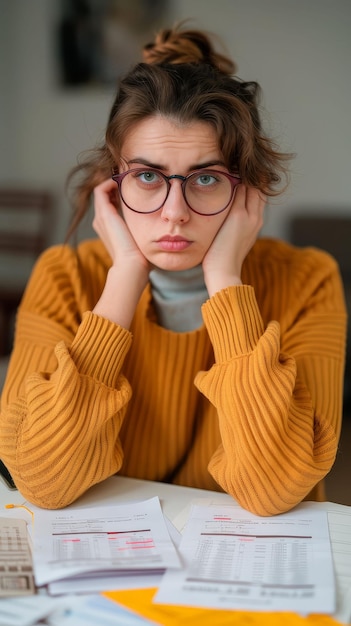 Photo woman looking at overdue notices anxiety over debt