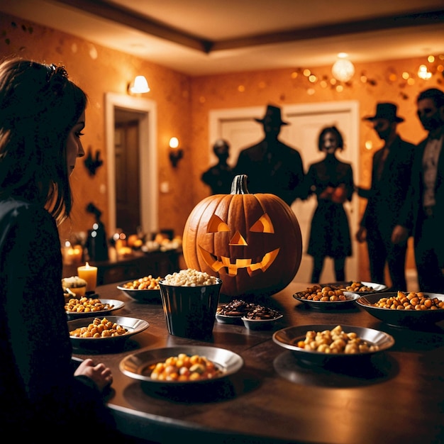 Photo a woman looking at a pumpkin on a table with other people in the background