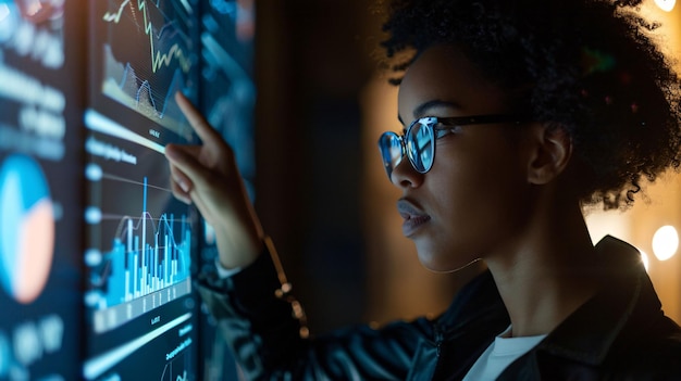 a woman looking at a screen with the word graph on it