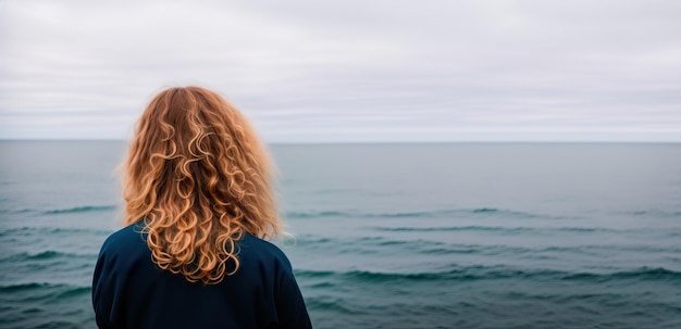 Woman looking at the sea back view banner Generative AI