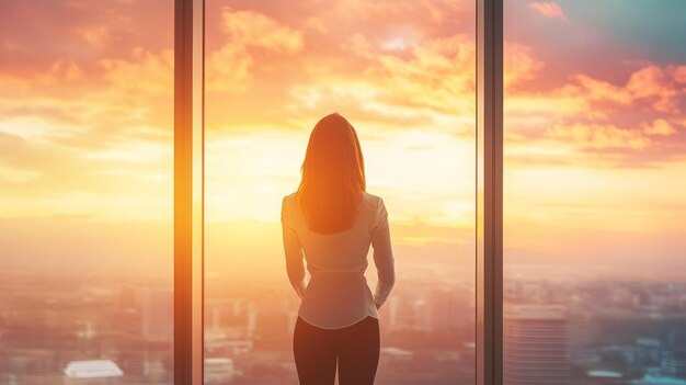 Photo woman looking at sunset from highrise window