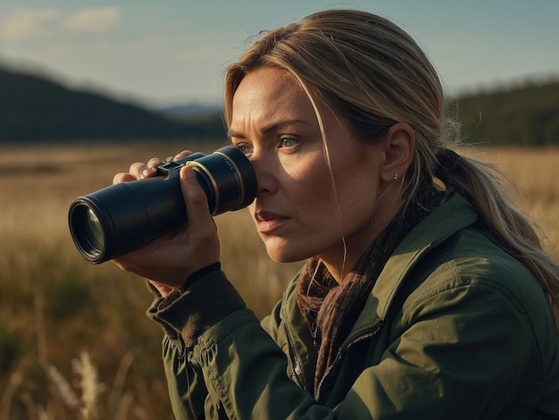 Photo a woman looking through a binoculars with the words  look  on the face