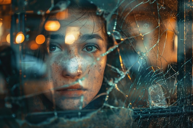 Woman looking through broken glass window