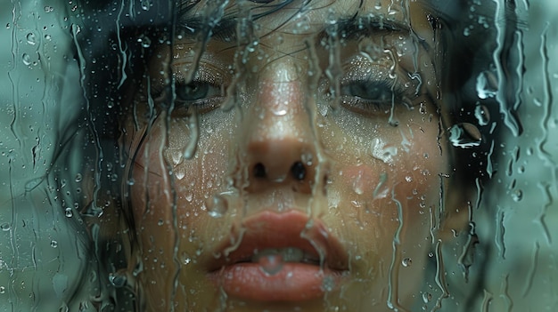 woman looking through a window with rain drops