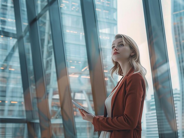 Photo woman looking through a window with a reflection of a building in the background