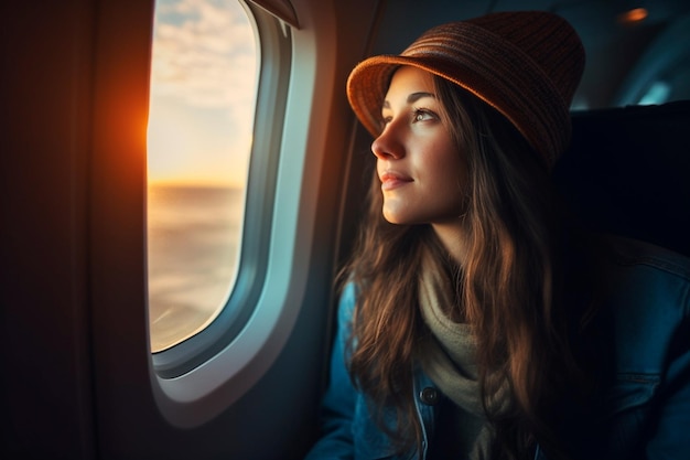 Woman looking through the windows of an airplane