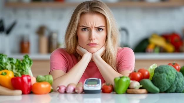 Photo woman looking tired and sad while surrounded by healthy food options and glucose meter showing high