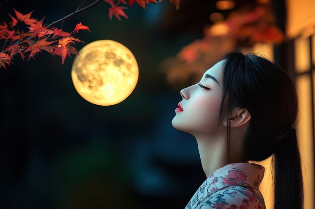 Photo a woman looking up at a full moon