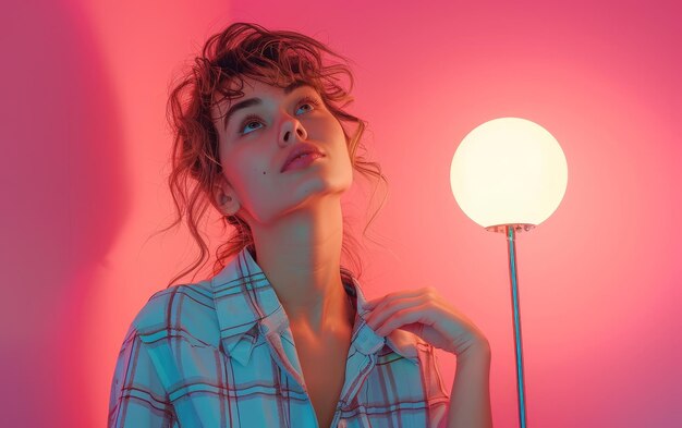 Photo woman looking upward in a pink room with a round lamp