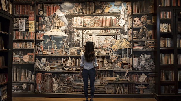 A woman looks at a bookcase with a painting of a book called the book of the dead.