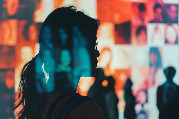 a woman looks at a colorful image with the words  the word  on it