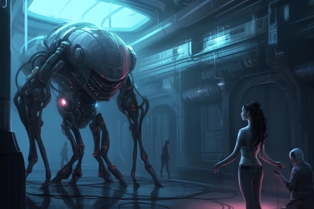 A woman looks at a giant robot that is in a dark room.