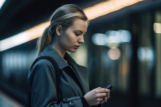 A woman looks at her phone while standing on a platform at night.