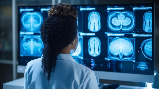 a woman looks at a monitor with the word brain on it