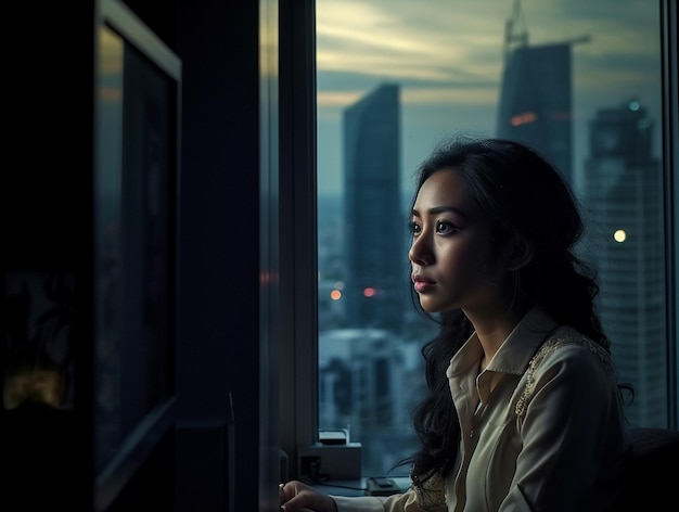 A woman looks out of a window at night