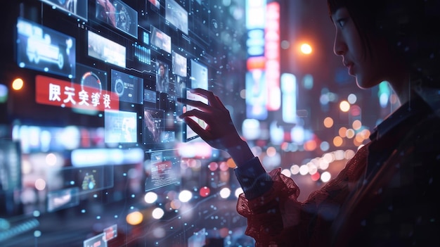 A woman looks at a phone screen with the words free on the screen