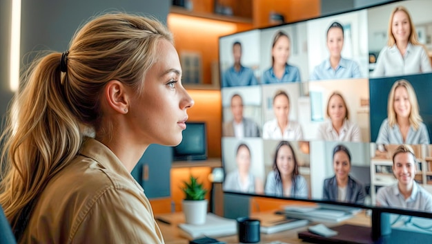 Photo a woman looks at a screen with several different people in the background