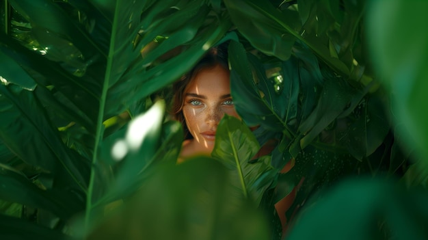 Photo a woman looks through a plant with the eyes closed