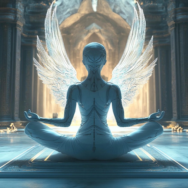 a woman in a lotus position with wings on the back of her body