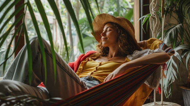 Woman lounges in a hammock basking in the warm glow of a setting sun surrounded by nature