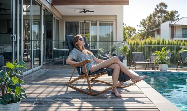 Photo woman lounging in a rocking chair on a modern patio by the pool enjoying a sunny day of relaxation and tranquility