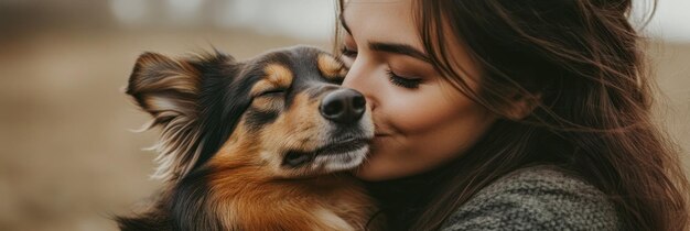 A woman lovingly embraces her dog sharing a joyful moment outdoors