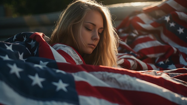 Woman Lying in Bed Covered in American Flag